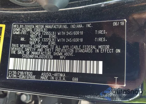 2018 Toyota Highlander Le z USA, uszkodzony, nr VIN 5TDZARFH4JS039338